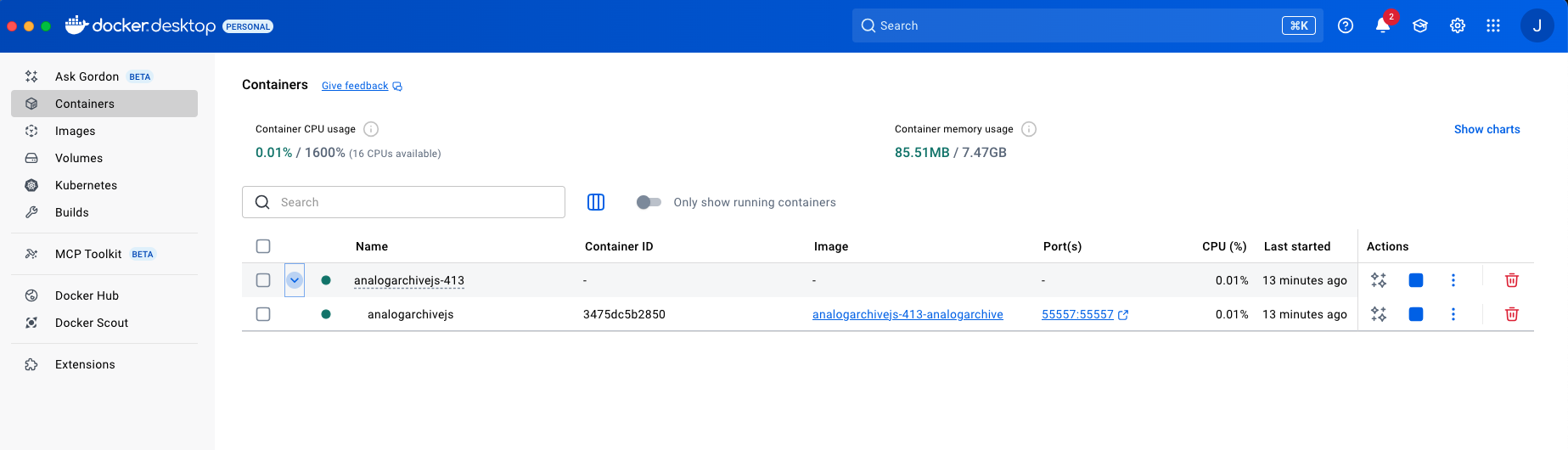 Docker Desktop showing running container
